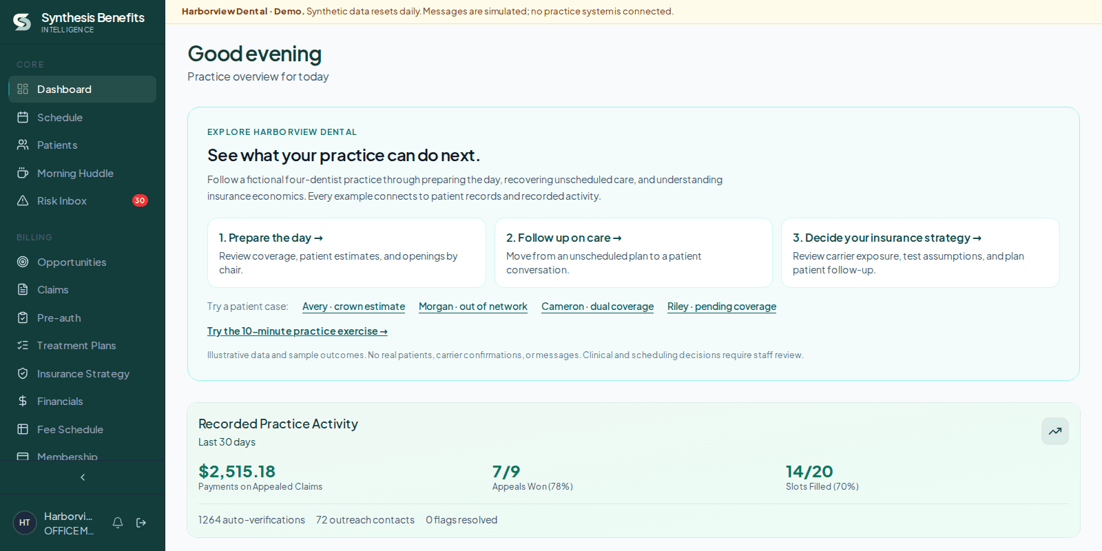 Synthesis practice dashboard connecting the daily schedule, patient follow-up, and insurance strategy in the fictional Harborview Dental demo